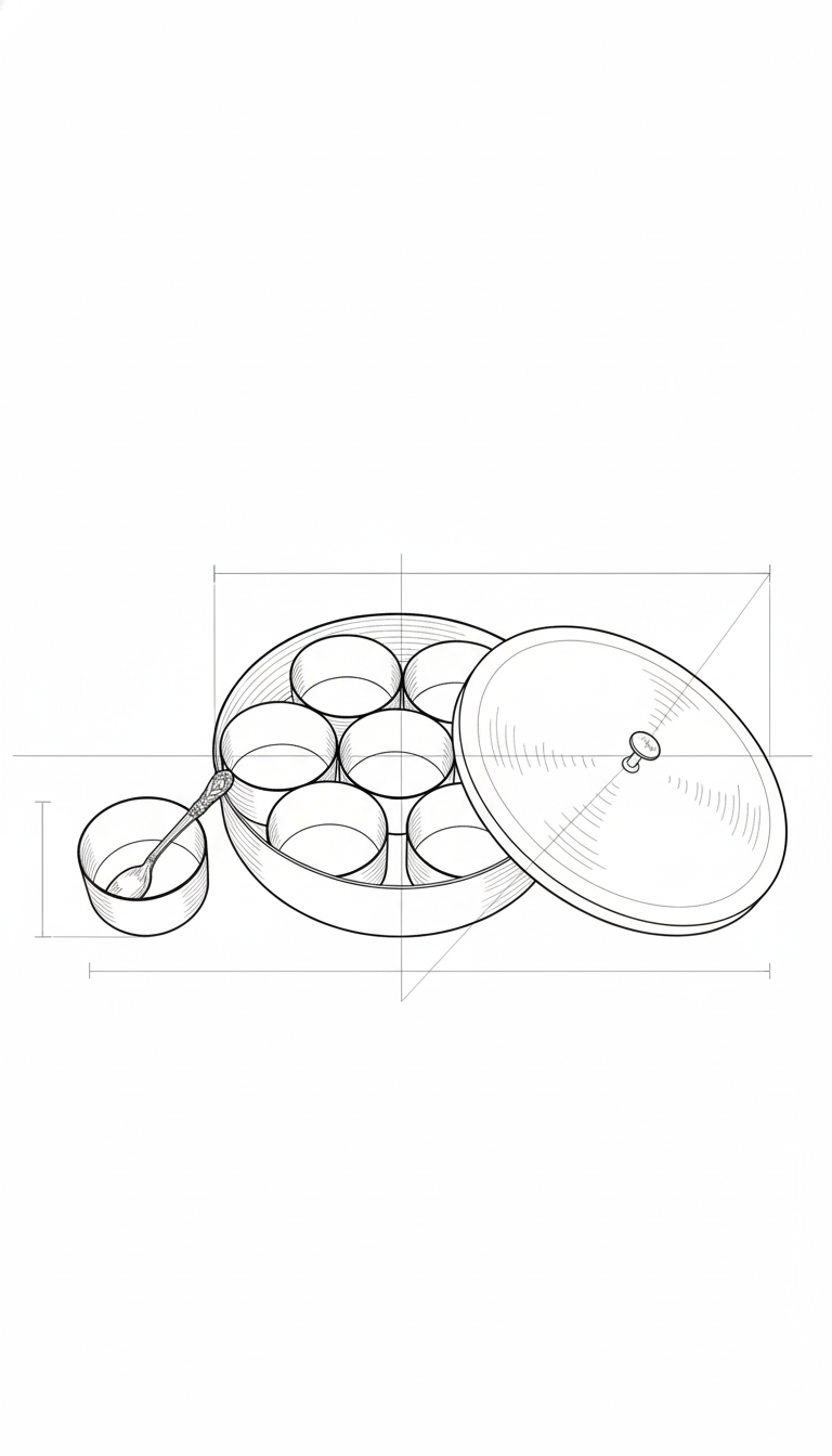 Brass Spice Box - 7 Containers (Traditional Masala Dabba) dimensions diagram - Viviana London artisan product specification